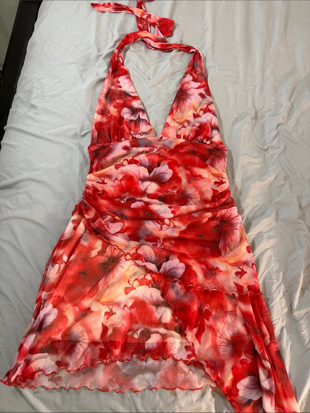 SHEIN Red Floral Halter Mini Dress